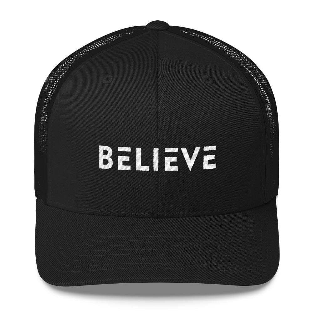 Believe Snapback Trucker Hat Embroidered in White Thread - One-size / Black - Hats