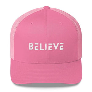Believe Snapback Trucker Hat Embroidered in White Thread - One-size / Pink - Hats