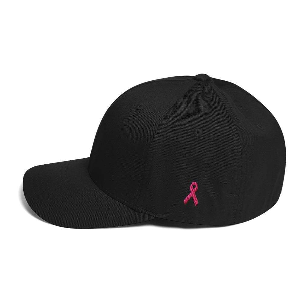 Breast Cancer Awareness Fitted Flexfit Twill Baseball Hat With Pink Ribbon On The Side - S/m / Black - Hats