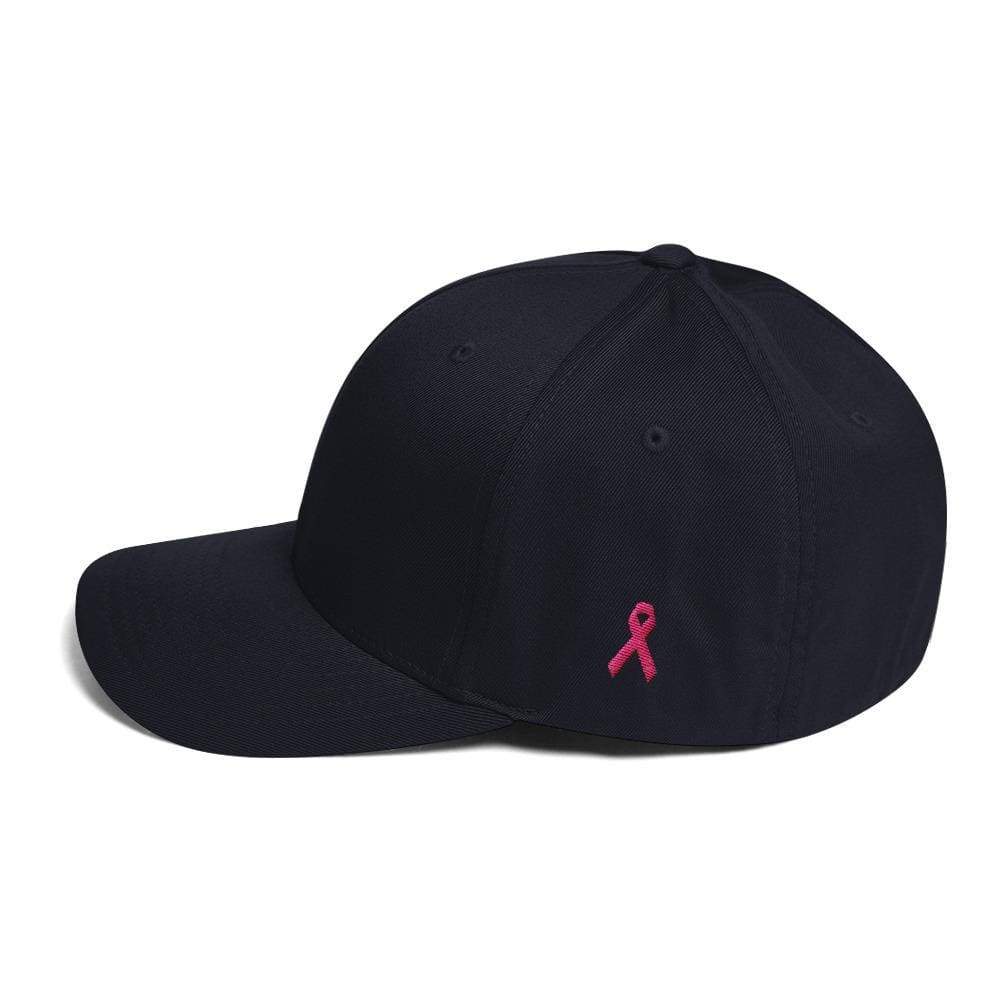 Breast Cancer Awareness Fitted Flexfit Twill Baseball Hat With Pink Ribbon On The Side - S/m / Dark Navy - Hats