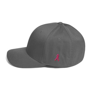Breast Cancer Awareness Fitted Flexfit Twill Baseball Hat With Pink Ribbon On The Side - S/m / Grey - Hats