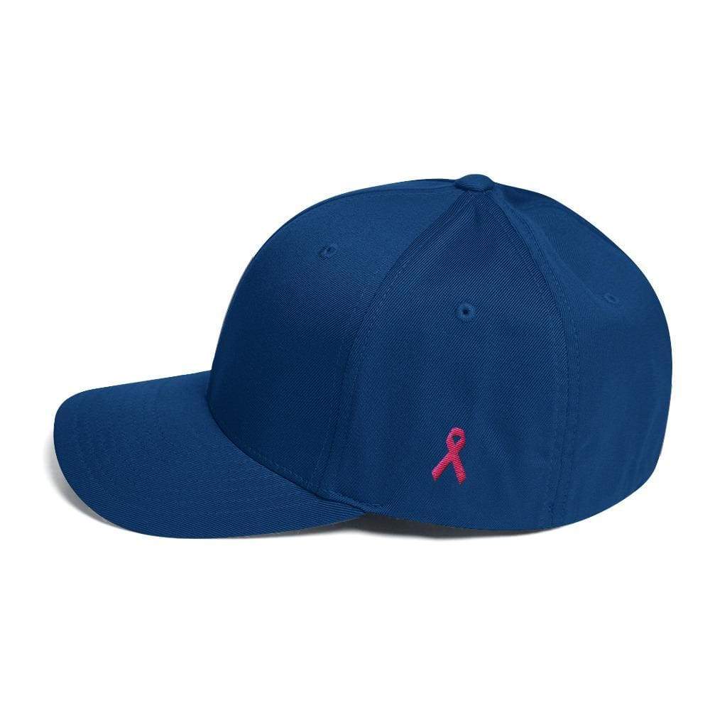 Breast Cancer Awareness Fitted Flexfit Twill Baseball Hat With Pink Ribbon On The Side - S/m / Royal Blue - Hats
