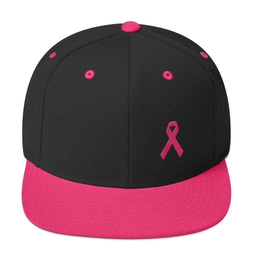 Breast Cancer Awareness Snapback Hat with Flat Brim and Pink Ribbon - One-size / Black/ Neon Pink - Hats