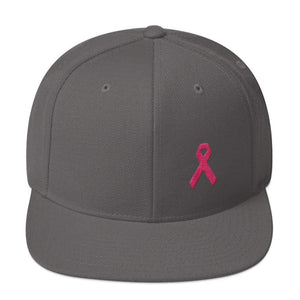 Breast Cancer Awareness Snapback Hat with Flat Brim and Pink Ribbon - One-size / Dark Grey - Hats