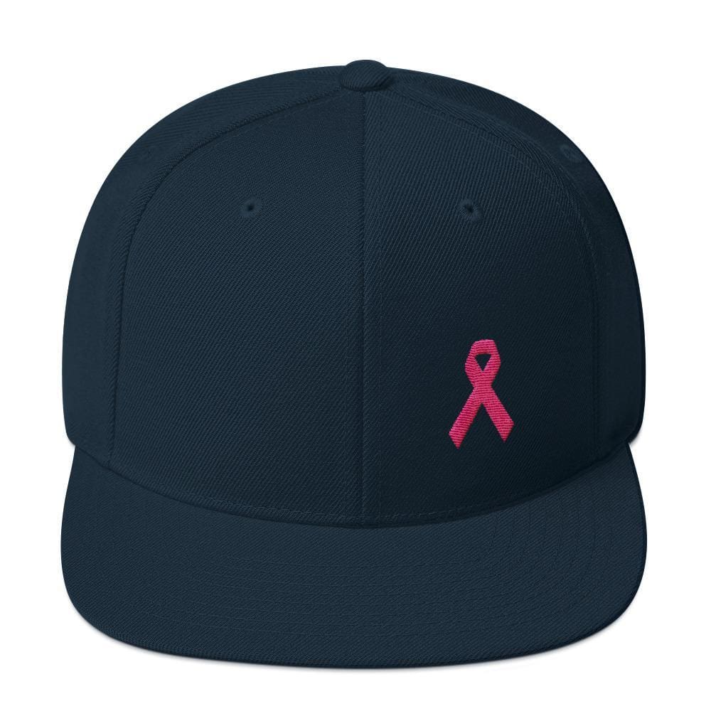 Breast Cancer Awareness Snapback Hat with Flat Brim and Pink Ribbon - One-size / Dark Navy - Hats