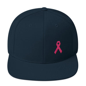 Breast Cancer Awareness Snapback Hat with Flat Brim and Pink Ribbon - One-size / Dark Navy - Hats