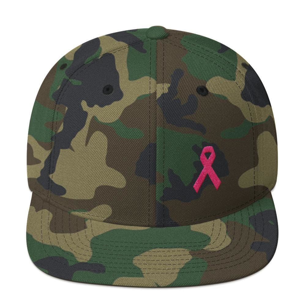 Breast Cancer Awareness Snapback Hat with Flat Brim and Pink Ribbon - One-size / Green Camo - Hats