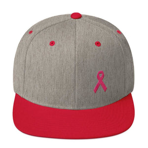 Breast Cancer Awareness Snapback Hat with Flat Brim and Pink Ribbon - One-size / Heather Grey/ Red - Hats