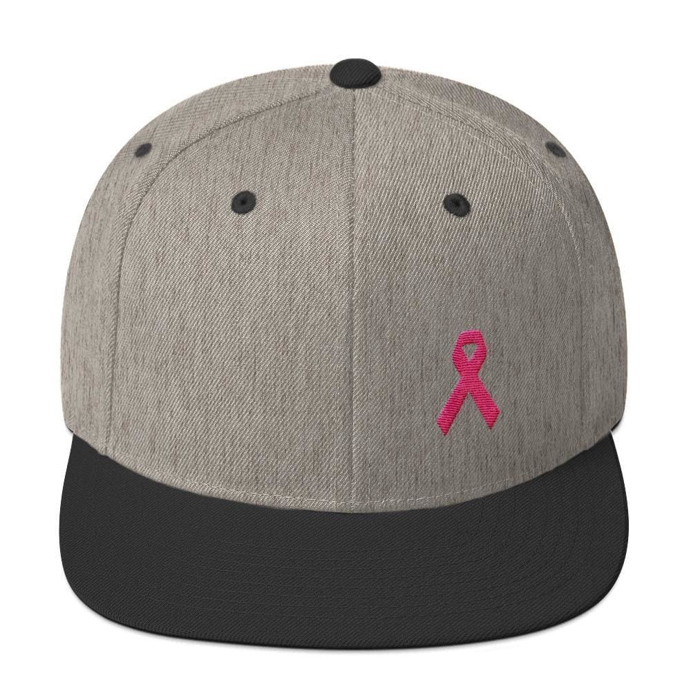 Breast Cancer Awareness Snapback Hat with Flat Brim and Pink Ribbon - One-size / Heather/Black - Hats