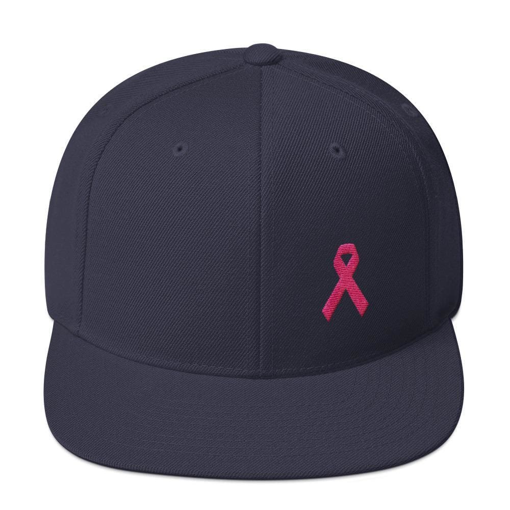 Breast Cancer Awareness Snapback Hat with Flat Brim and Pink Ribbon - One-size / Navy - Hats