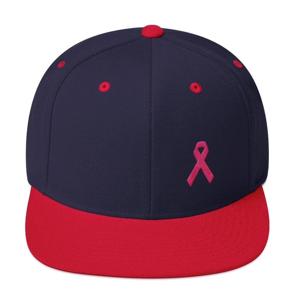 Breast Cancer Awareness Snapback Hat with Flat Brim and Pink Ribbon - One-size / Navy/ Red - Hats