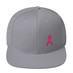 Breast Cancer Awareness Snapback Hat with Flat Brim and Pink Ribbon - One-size / Silver - Hats