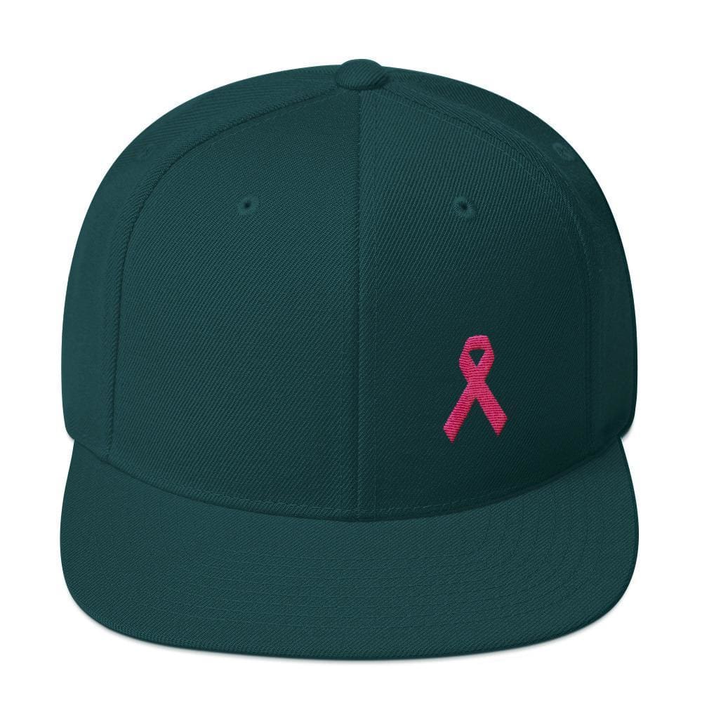 Breast Cancer Awareness Snapback Hat with Flat Brim and Pink Ribbon - One-size / Spruce - Hats