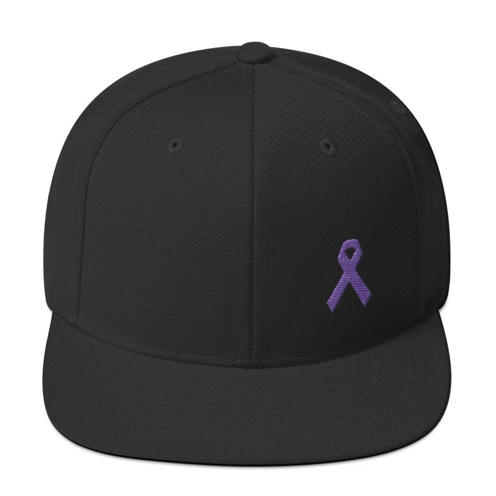 Cancer and Alzheimers Awareness Flat Brim Snapback Hat with Purple Ribbon - One-size / Black - Hats