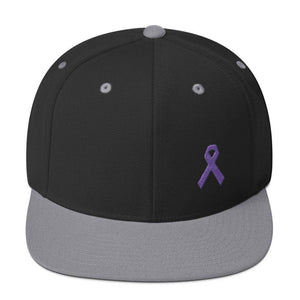 Cancer and Alzheimers Awareness Flat Brim Snapback Hat with Purple Ribbon - One-size / Black/ Silver - Hats