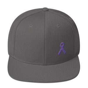 Cancer and Alzheimers Awareness Flat Brim Snapback Hat with Purple Ribbon - One-size / Dark Grey - Hats