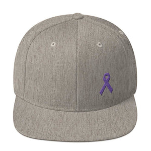 Cancer and Alzheimers Awareness Flat Brim Snapback Hat with Purple Ribbon - One-size / Heather Grey - Hats