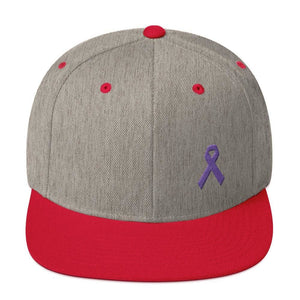 Cancer and Alzheimers Awareness Flat Brim Snapback Hat with Purple Ribbon - One-size / Heather Grey/ Red - Hats