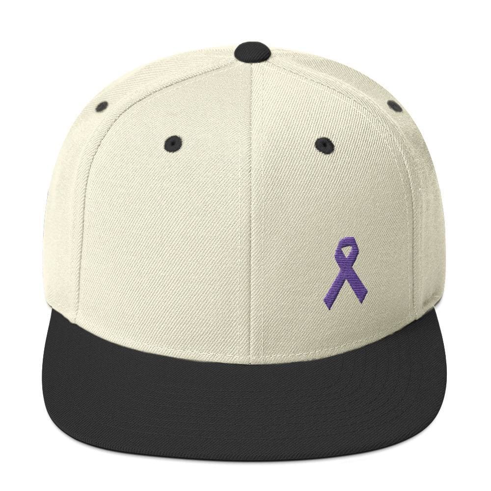 Cancer and Alzheimers Awareness Flat Brim Snapback Hat with Purple Ribbon - One-size / Natural/ Black - Hats