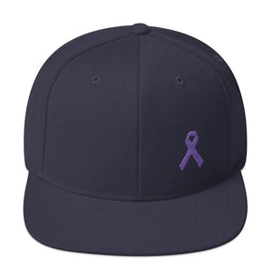 Cancer and Alzheimers Awareness Flat Brim Snapback Hat with Purple Ribbon - One-size / Navy - Hats