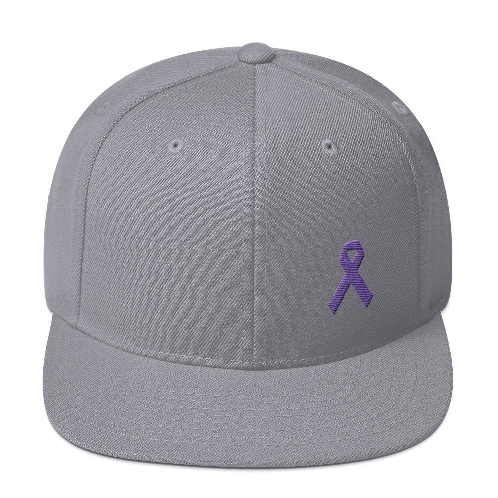 Cancer and Alzheimers Awareness Flat Brim Snapback Hat with Purple Ribbon - One-size / Silver - Hats
