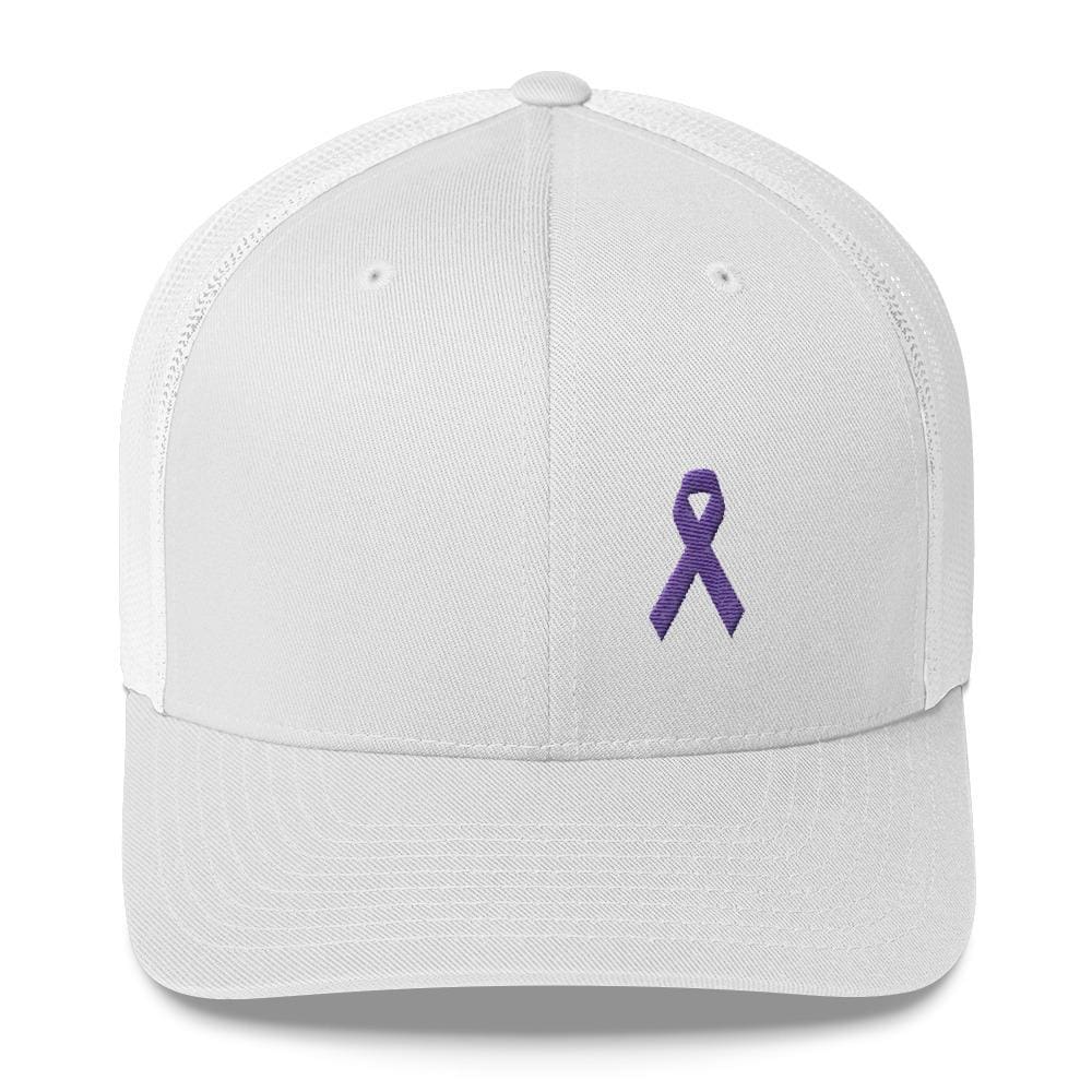 Cancer and Alzheimers Awareness Snapback Trucker Hat with Purple Ribbon - One-size / White - Hats