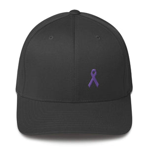 Cancer And Alzheimers Awareness Twill Flexfit Fitted Hat With Purple Ribbon - S/m / Dark Grey - Hats
