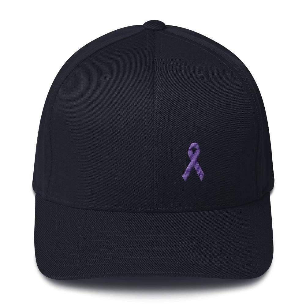 Cancer And Alzheimers Awareness Twill Flexfit Fitted Hat With Purple Ribbon - S/m / Dark Navy - Hats