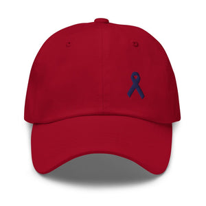 Colon Cancer Awareness Dad Hat with Dark Blue Ribbon - Cranberry