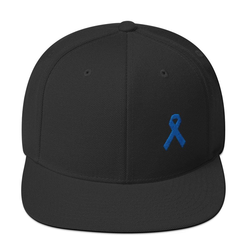 Colon Cancer Awareness Flat Brim Snapback Hat with Dark Blue Ribbon - One-size / Black - Hats