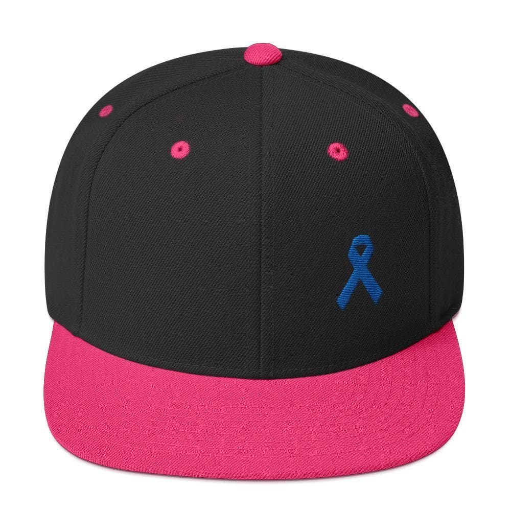 Colon Cancer Awareness Flat Brim Snapback Hat with Dark Blue Ribbon - One-size / Black/ Neon Pink - Hats