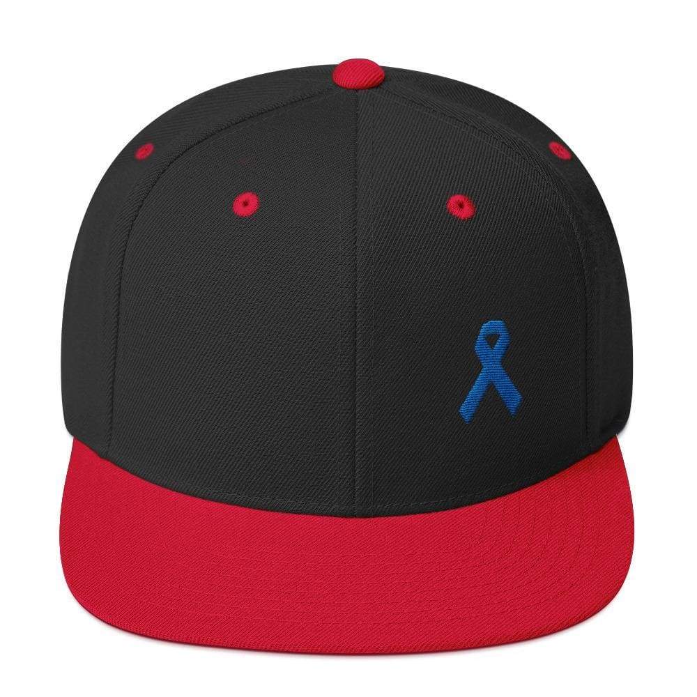 Colon Cancer Awareness Flat Brim Snapback Hat with Dark Blue Ribbon - One-size / Black/ Red - Hats
