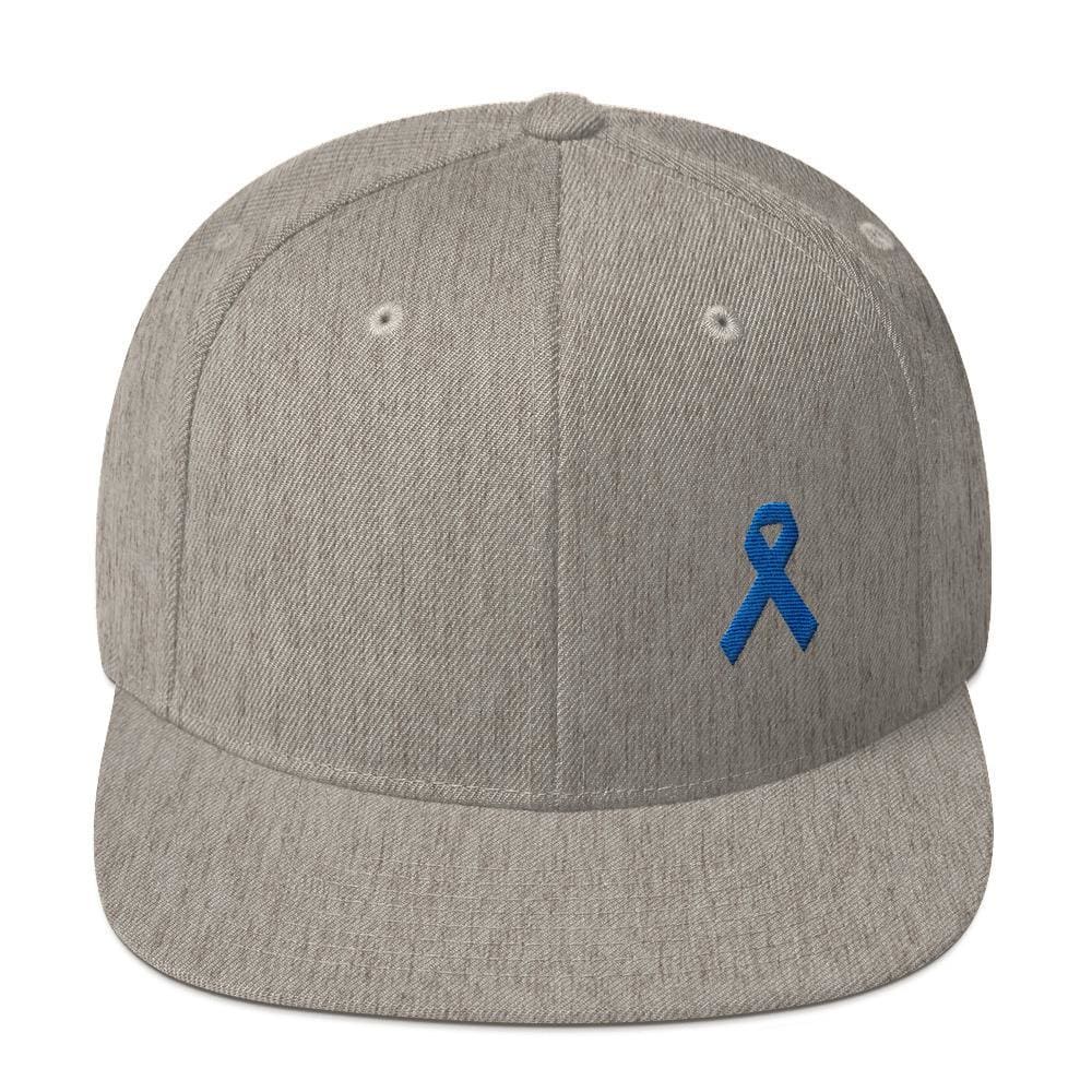 Colon Cancer Awareness Flat Brim Snapback Hat with Dark Blue Ribbon - One-size / Heather Grey - Hats