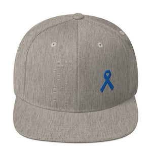 Colon Cancer Awareness Flat Brim Snapback Hat with Dark Blue Ribbon - One-size / Heather Grey - Hats