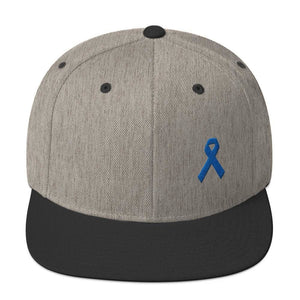 Colon Cancer Awareness Flat Brim Snapback Hat with Dark Blue Ribbon - One-size / Heather/Black - Hats