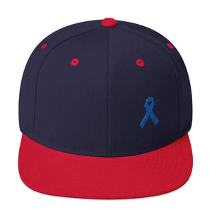Colon Cancer Awareness Flat Brim Snapback Hat with Dark Blue Ribbon - One-size / Navy/ Red - Hats