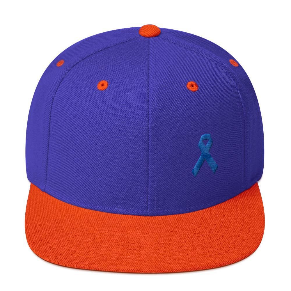 Colon Cancer Awareness Flat Brim Snapback Hat with Dark Blue Ribbon - One-size / Royal/ Orange - Hats
