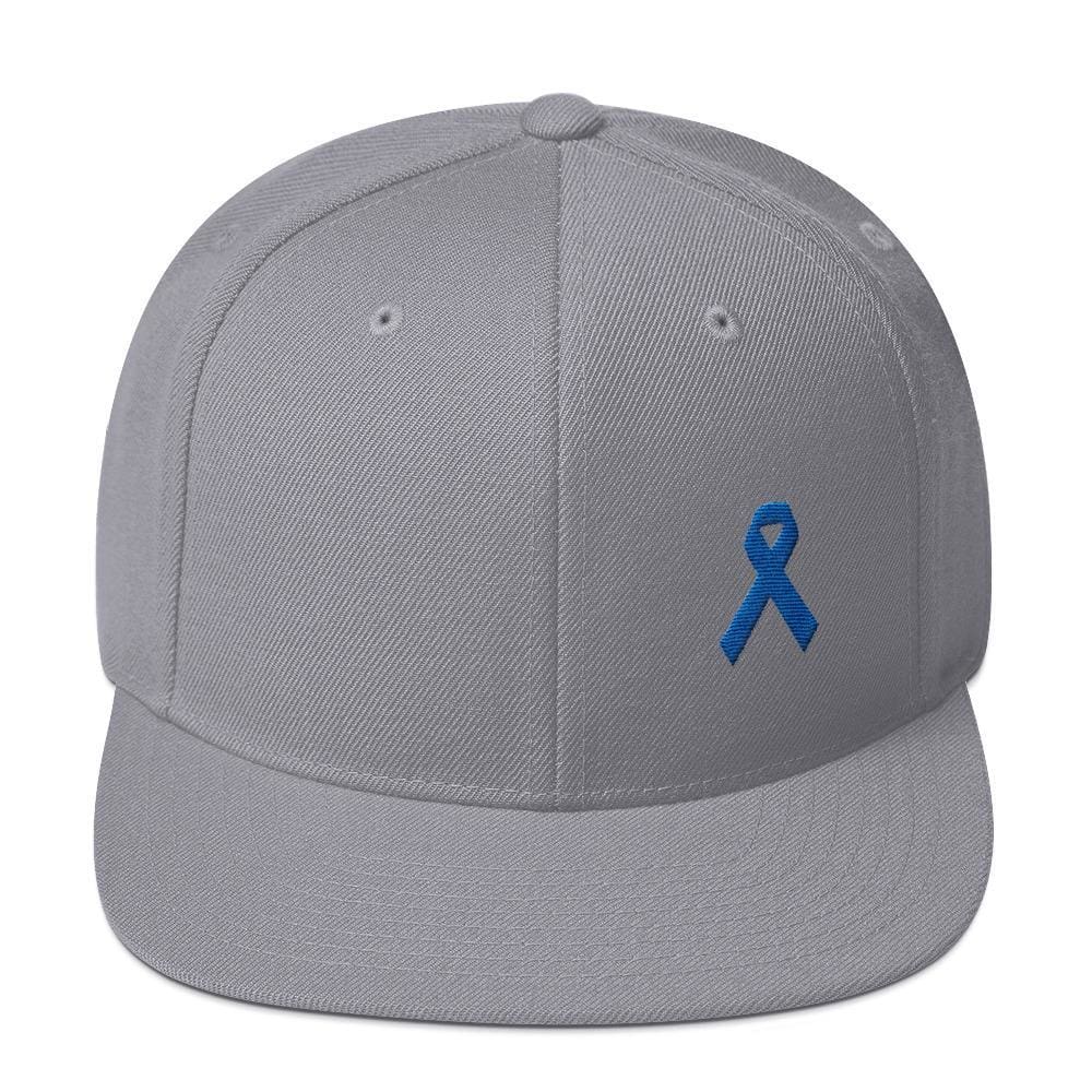 Colon Cancer Awareness Flat Brim Snapback Hat with Dark Blue Ribbon - One-size / Silver - Hats