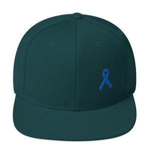 Colon Cancer Awareness Flat Brim Snapback Hat with Dark Blue Ribbon - One-size / Spruce - Hats