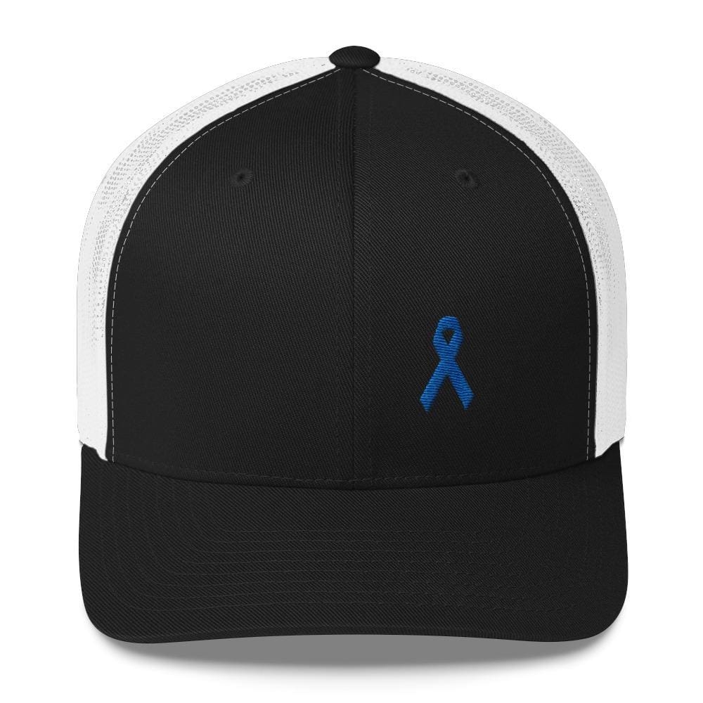 Colon Cancer Awareness Snapback Trucker Hat with Dark Blue Ribbon - One-size / Black/ White - Hats
