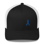 Colon Cancer Awareness Snapback Trucker Hat with Dark Blue Ribbon