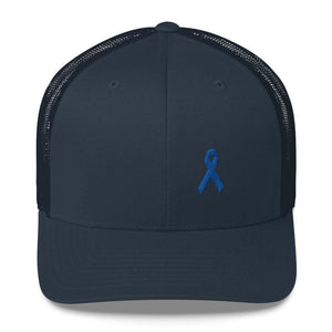 Colon Cancer Awareness Snapback Trucker Hat with Dark Blue Ribbon - One-size / Navy - Hats
