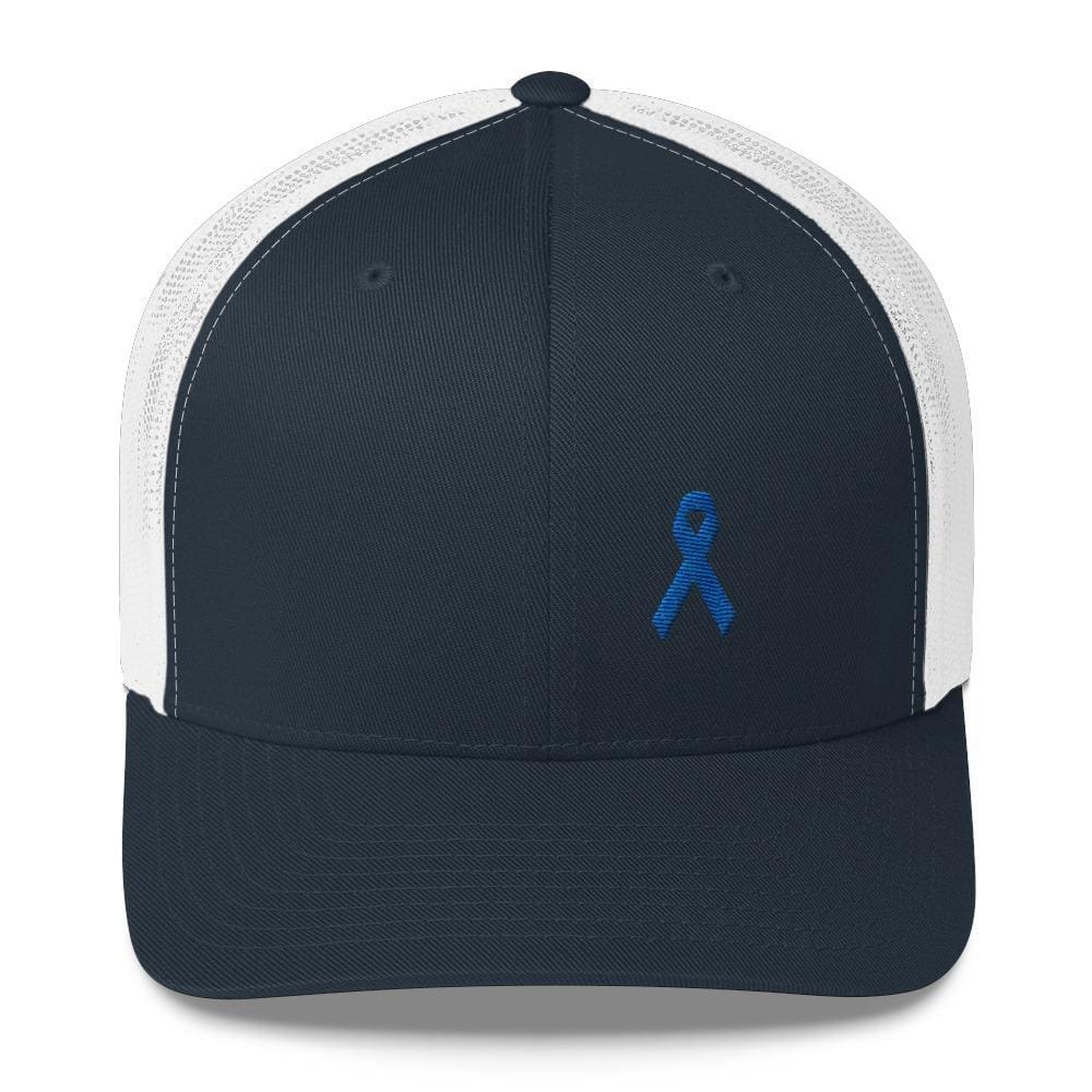Colon Cancer Awareness Snapback Trucker Hat with Dark Blue Ribbon - One-size / Navy/ White - Hats