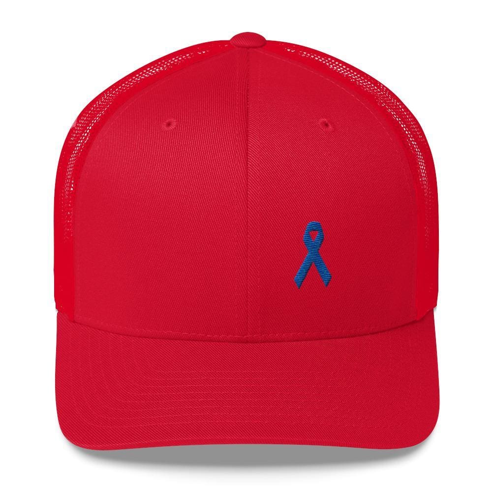Colon Cancer Awareness Snapback Trucker Hat with Dark Blue Ribbon - One-size / Red - Hats