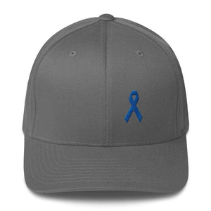 Colon Cancer Awareness Twill Flexfit Fitted Hat With Dark Blue Ribbon - S/m / Grey - Hats