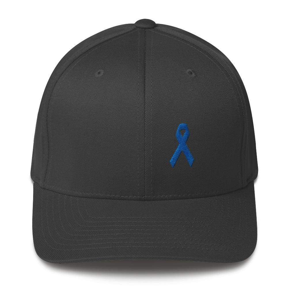 Colon Cancer Awareness Twill Flexfit Fitted Hat with Dark Blue Ribbon