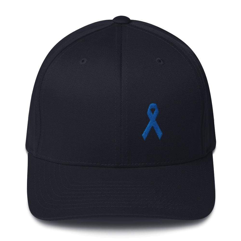 Colon Cancer Awareness Twill Flexfit Fitted Hat With Dark Blue Ribbon - S/m / Dark Navy - Hats