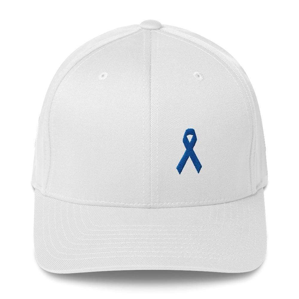 Colon Cancer Awareness Twill Flexfit Fitted Hat With Dark Blue Ribbon - S/m / White - Hats
