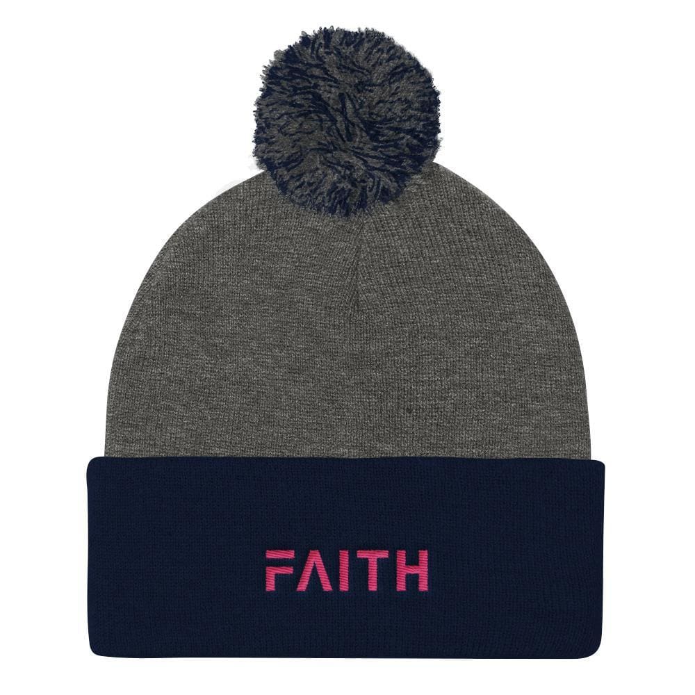 FAITH Womens Pom Pom Knit Beanie - One-size / Dark Heather Grey/ Navy - Hats