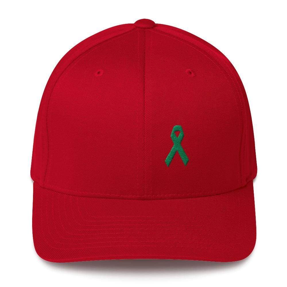 Green Awareness Ribbon Twill Flexfit Fitted Hat For Gallbladder & Liver Cancer - S/m / Red - Hats